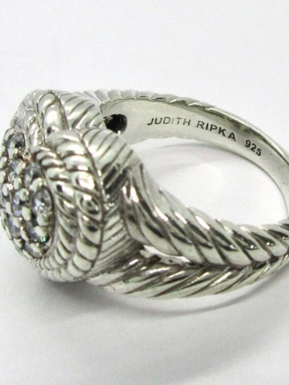 Judith Ripka Sterling Silver CZ Pave Cable Heart Ring Size 4.75, Weight: 10g. - Picture 3 of 8
